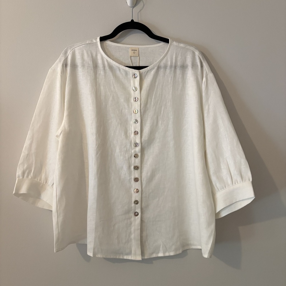 NWT Lintico 100% Linen Button Front Blouse White Sz L Lagenlook Minimalist Boxy